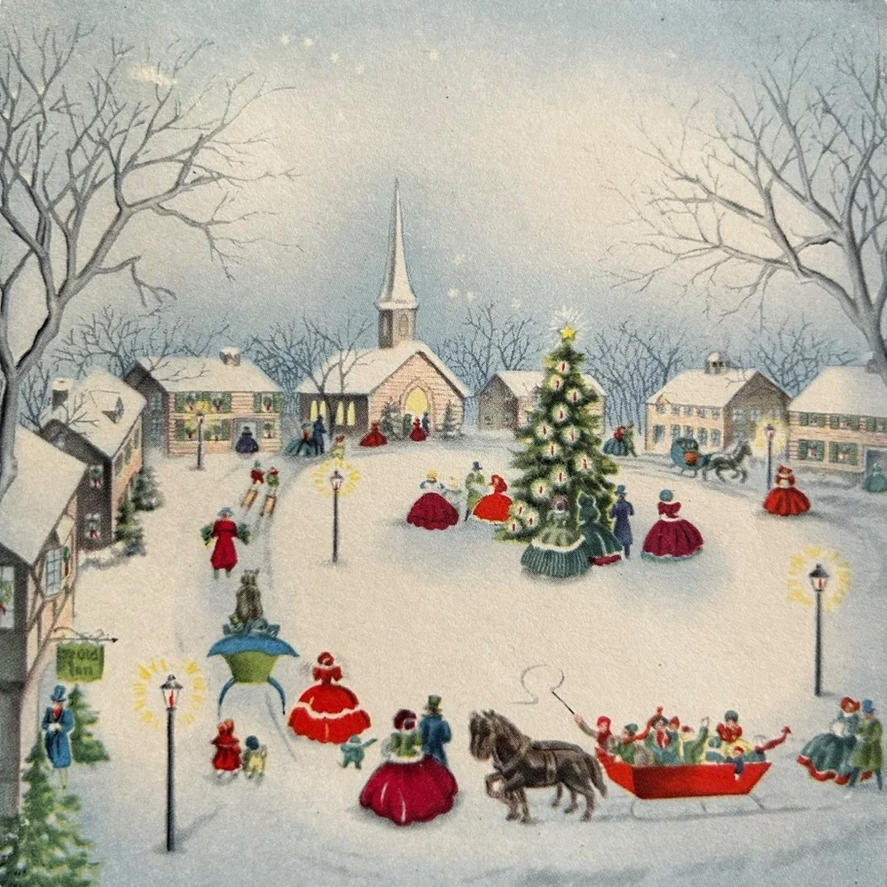 Vintage 40s 50s Christmas Card Victorian Snowy Village Scene Retro Art Ephemera